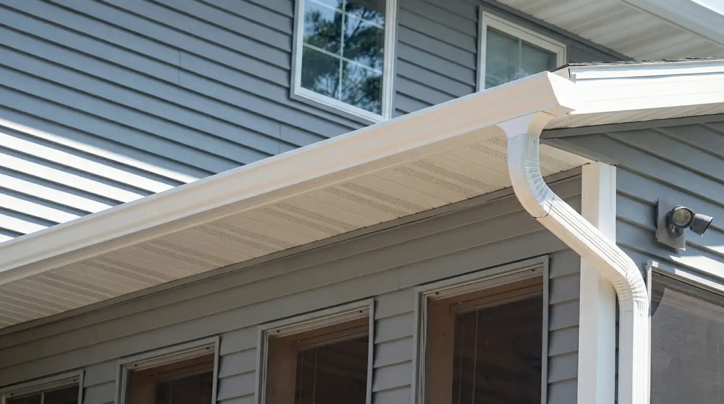 Professional home remodeling project showing newly installed white seamless gutters and downspouts on a house with gray siding in Tempe, AZ