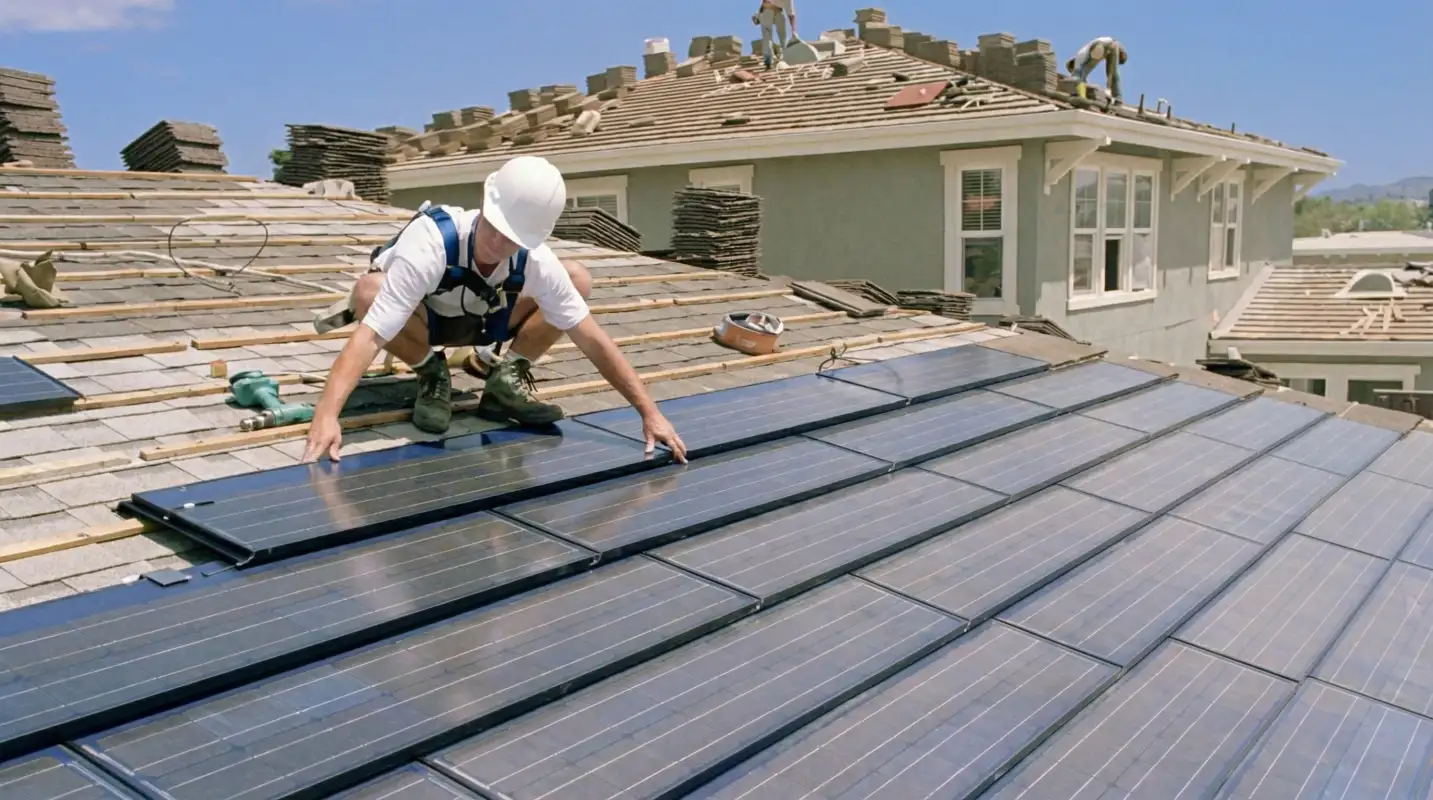 Roof replacement expert installing modern solar shingles on a residential home in Tempe, AZ