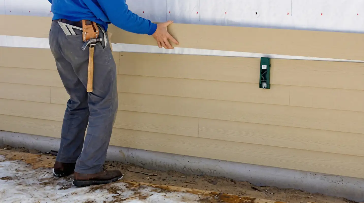 Siding replacement expert carefully aligning a new tan siding panel onto a residential exterior wall in Tempe, AZ
