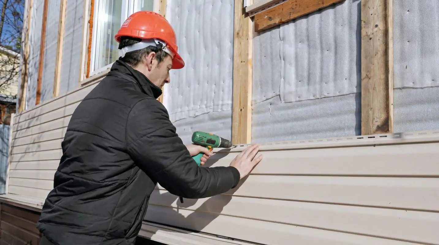 Siding replacement professional using a power drill to install new tan vinyl siding on a home exterior in Tempe, AZ