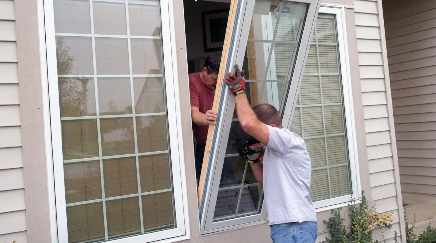 Professional home remodeling team installing a large replacement window on a house with tan siding in Tempe, AZ